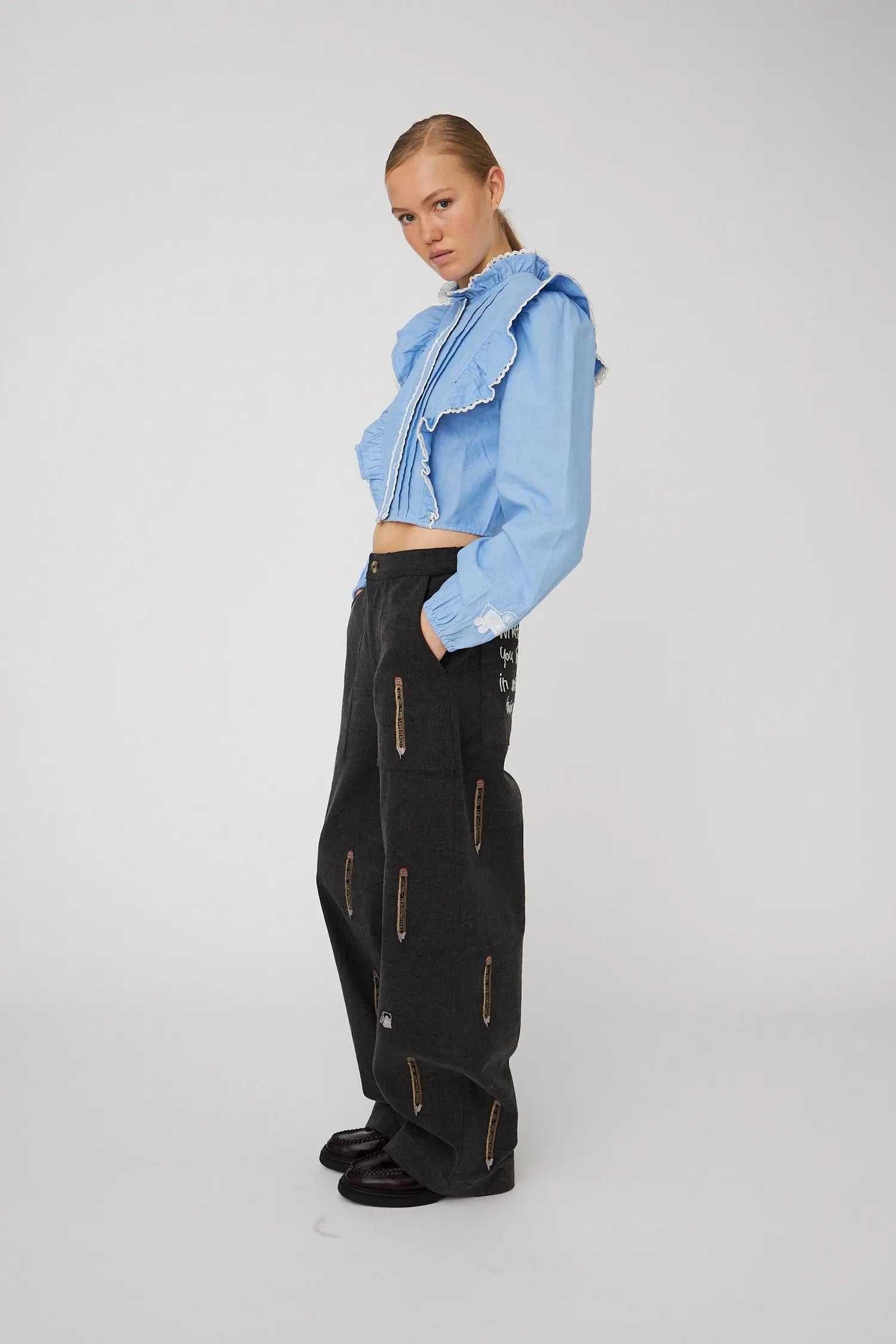 Stella Nova Chambray Cropped Frill Shirt Shirt 291 Light Blue Melange