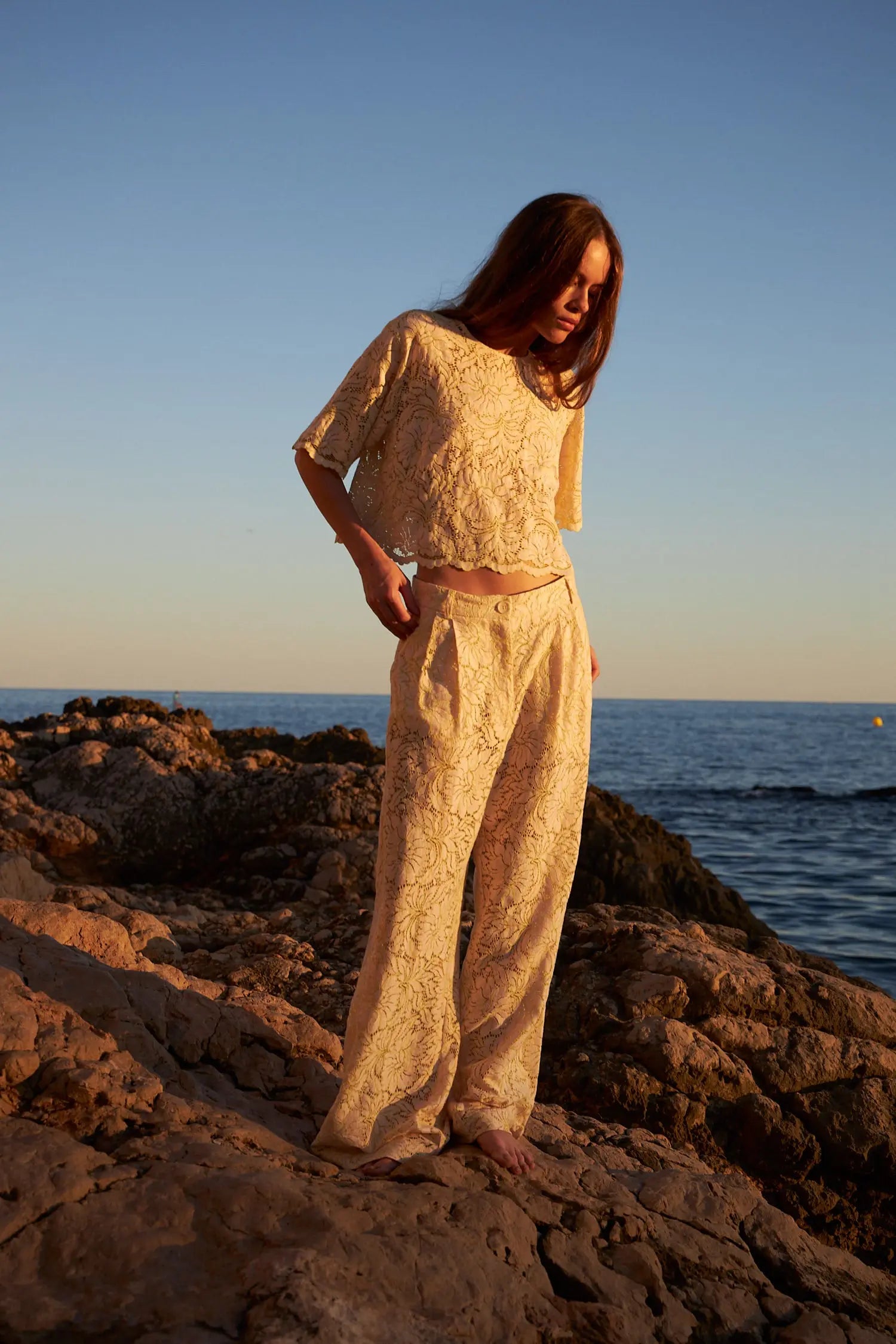 Stella Nova Delicate lace flared pant Pants 094 Vanilla/Tea Green Flowers