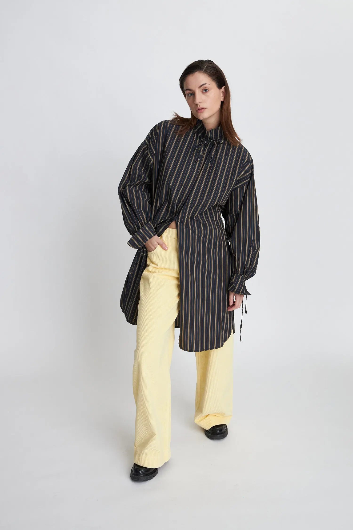 Stella Nova High neck shirt dress with bow string Shirt 609 Dark Striped