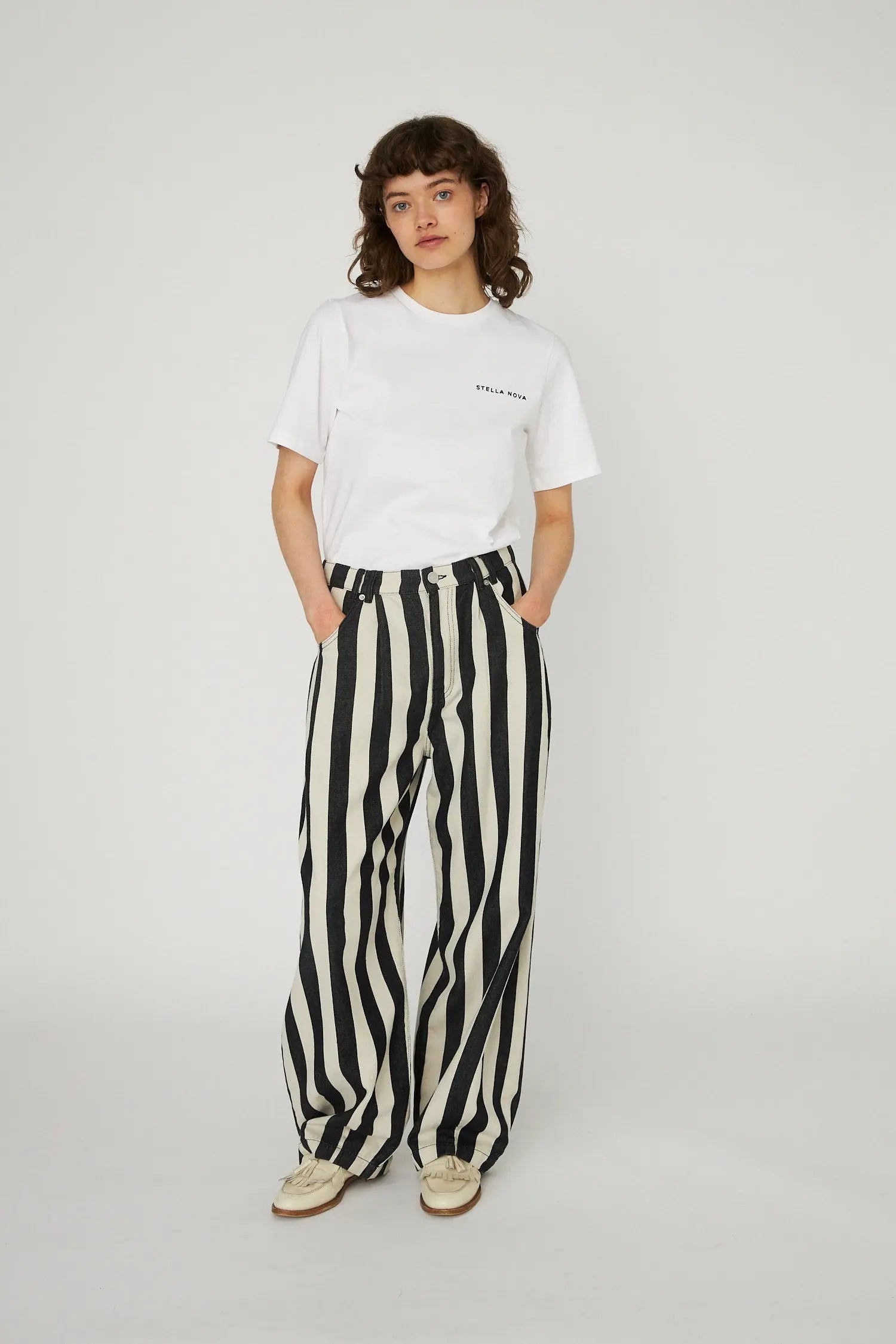 Stella Nova Striped Baggy Low-Waist Pants in Cotton Pants 907 Black/Creme