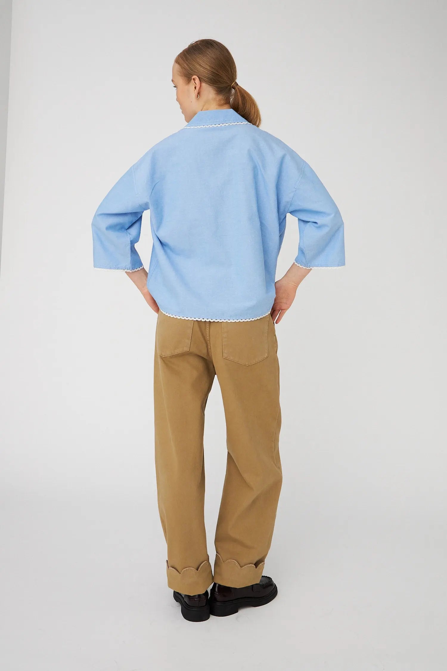 Stella Nova Chambray Blouse with Embroidered School Bus Blouse 291 Light Blue Melange