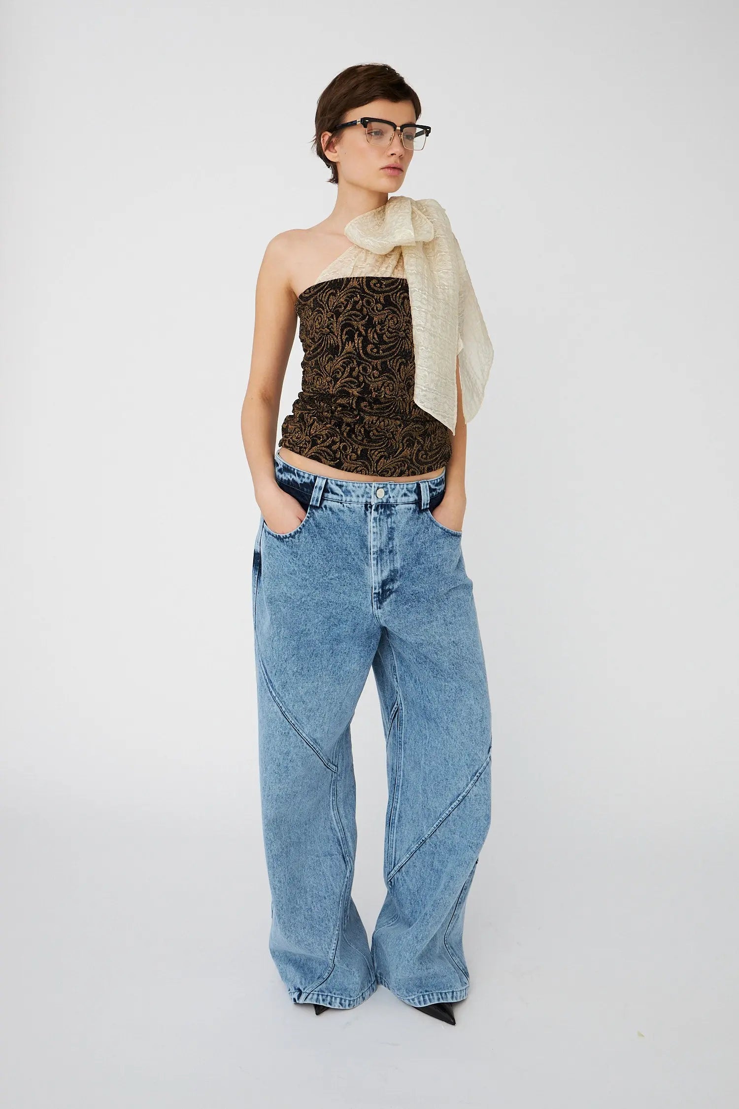 Stella Nova One-Shoulder Jersey Top with Bow Top 907 Black/Creme